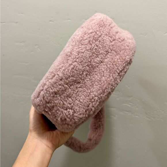 Dusty Rose Real Shearling Leather Half Moon Handbag with 2 Straps & Fur Charm - Picture 15 of 16